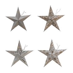 four metal stars are shown in three different shapes and sizes, each with one star hanging from the ceiling