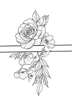 a black and white line drawing of flowers with leaves on the top, in front of a