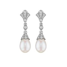 Pearl and Diamond Deco Drop Earrings in 18K White Gold Vintage Pearl And Diamond Earrings, Art Deco Pearl Earrings, Luxury Pearl Jewelry, Wedding Earrings Diamond, Drop Diamond Earrings, Diamond Pearl Earrings, Earrings Pearl Drop, 3 Earrings, Expensive Jewelry Luxury