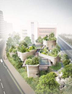 an aerial view of a building with plants growing on the roof