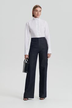 fitted shirt in parachute cotton. Feminine Elegance, Scanlan Theodore, The Shirt, Tailored Trousers, Ruffle Trim, To Work, Button Up, Trousers, Street Style