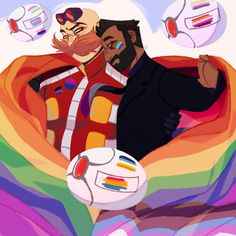 two men with mustaches are standing in front of a rainbow flag and soccer ball