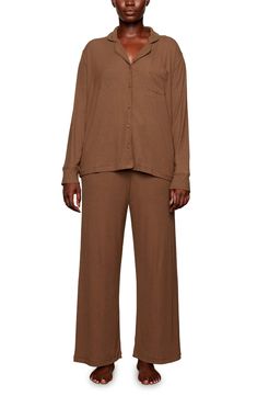 SKIMS Rib Pajamas | Nordstrom Fall Rayon Bottoms For Loungewear, Skims Pajamas, Nighttime Routine, Night Time Routine, Sleep Set, Pajama Set Women, Pocket Pants, Notched Collar, Curator Style