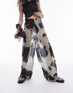 Wide Leg Pants by Topshop This is Topshop Animal print High rise Elasticized waistband Wide leg Sheer Pants Outfit, Crinkle Pants, Leather Sweater, Sheer Pants, Summer Trousers, Trend 2024, Concert Fits, Fits Inspo, Minimalist Wardrobe