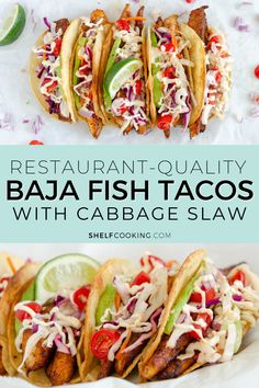 three different types of fish tacos with cabbage slaw