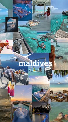 collage of images with the words maldives on them and pictures of people in boats