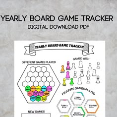 the yearly board game trackerr is shown on a white background with colorful graphics