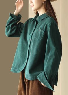 French Green Button Pockets Corduroy Blouses Long SleeveFabric: CorduroySize & Fit: Fit: This garment fits true to size.Length: Size L measures 23.01"from shoulder to hemBust: Great for any cup size. Waist: Loose Fit. Comfortable room throughout midsection.Hip: Loose Fit - room for hips. Hand Wash Cold. Winter Corduroy Tops With Buttons, Solid Corduroy Tops With Button Closure, Corduroy Tops With Button Closure, Long Sleeve Corduroy Tops With Buttons, Corduroy Long Sleeve Tops With Buttons, Corduroy Button-up Tops, Cotton Top With Corduroy Collar, Vintage Corduroy Button-up Top, Spring Outwear