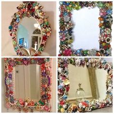 four different pictures of mirrors with beads on the bottom, and one has a mirror in the middle