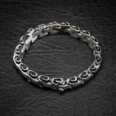 Stainless Steel Dragon Tail Bracelet-Viking Bracelet-Norse Spirit Engraved Stainless Steel Link Jewelry, Gothic Silver Stainless Steel Bracelets, Metal Link Bracelets With Engraving, Engraved Metal Link Bracelets, Gothic Stainless Steel Engraved Jewelry, Gothic Engraved Stainless Steel Jewelry, Steel Dragon, Dragon Tail, Weave Pattern