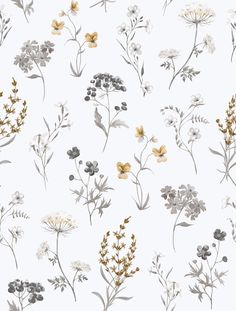 Spring Blossom Botanical Wallpaper in Grey Natural Motifs, Blue And White Wallpaper, Wild Meadow, Maximalist Style, Modern Nautical, Botanical Wallpaper, Stripes Texture, Yellow Wallpaper, Paper Wallpaper