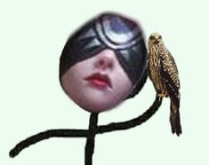 a bird sitting on top of a stick with a woman's face in the background