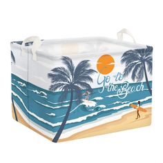 an image of a cooler bag that is decorated with palm trees and people on the beach