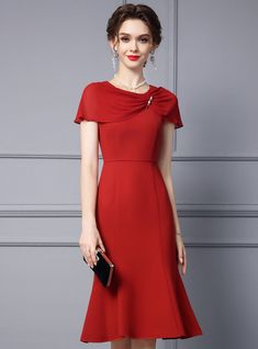 Red Sheath Scoop Neck Mother Of The Bride Dress Elegant Midi Dress For Banquet, Elegant Evening Dress For Wedding Guest, Elegant Solid Color Evening Dress For Wedding Guest, Elegant Midi Dress With Asymmetrical Neckline For Banquet, Elegant A-line Mother Of The Bride Dress, Elegant Dresses For Wedding Guest With Asymmetrical Neckline, Elegant Asymmetrical Neckline Dress For Wedding Guest, Elegant Knee-length Mother Of The Bride Dress For Banquet, Chic Formal Knee-length Mother Of The Bride Dress