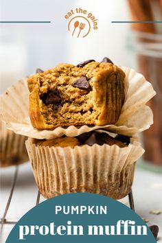 pumpkin protein muffins with chocolate chips on top and text overlay that reads, eat the best pumpkin protein muffin