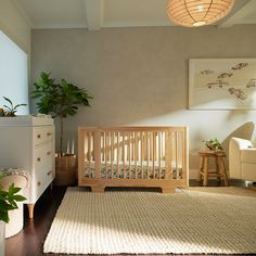 a baby's room with a crib, dresser and plant in the corner