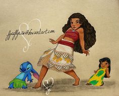 a drawing of a woman in a hula skirt next to two small children and an elephant