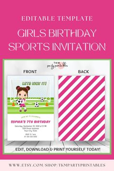 Welcome to TKM Party Printables! Edit and print your own Girls Birthday Sports Invitation Editable Template today! This sports birthday party invitation is perfect for your girls birthday party soccer theme and asks your guests to "let's kick it!" The soccer birthday invitation is easy to edit right in your browser with Corjl! Just edit, download & print today! Soccer Birthday, Sports Birthday, Baseball Birthday