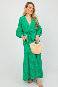 Eyelet Tie Waist Maxi, Green Spring V-neck Maxi Dress With Cutout, Vacation Floor-length Cutout Maxi Dress, Chic Green Maxi Dress With Cutout, Spring Bohemian Maxi Dress With Cutout, Green Maxi Dress With Smocked Back For Day Out, Off Shoulder Jacket, Athleisure Accessories, Blue Door, Comfy Tops