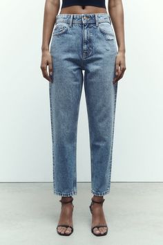 Z1975 HIGH-WAISTED MOM FIT DENIM JEANS - Mid-blue | ZARA United States Ankle Grazer Jeans, Mom Fit Jeans, Zara United States, Denim Jean, Metal Buttons, High Waist Jeans, Jeans Fit, Denim Jeans, High Waist