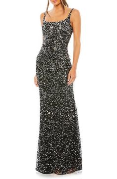 Look like you just stepped off the red carpet in this figure-skimming tulle gown encrusted with glittering sequins and beads. 62 1/2" length Hidden back-zip closure Scoop neck Full-length column skirt Lined 100% polyester Spot clean Imported Asian Owned/Founded Evening Gown With Sequins, Full Length, Sleeveless Glitter Gown For Evening, Glamorous Full Length Evening Dress, Full Length Sequined Gown For Night Out, Glamorous Red Carpet Dress With Contrast Sequin, Floor-length Sparkling Sequin Fabric For Gala, Sequined Full-length Evening Dress, Full-length Sequined Evening Dress, Elegant Red Carpet Sequin Dress With Contrast Sequin