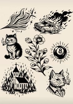 an old school tattoo design with cats, flowers and other things in black and white