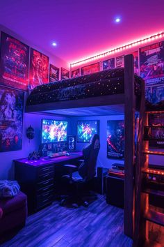 A gaming room with dorm beds and vibrant neon lights, featuring dual monitors, gaming posters, and a desk setup underneath a loft bed. Gamer Loft Bed, Loft Bed For Boys Room, Boy Gamer Bedroom Ideas, Teen Gamer Bedroom, Room Loft Bed, Gaming Room Setup Ideas