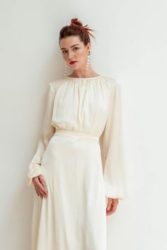 Brinley Cream White Floor Length Dress / Satin Wedding Dress / - Etsy Vietnam Handfasting Dress, Cream Wedding Dress, White Floor Length Dress, Cream Long Sleeve Dress, Long Sleeve High Neck Dress, Wedding Dress Long Sleeves, Randy Fenoli, Cream Wedding Dresses, 1970s Wedding Dress