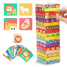 a stack of colorful wooden blocks with animals on them and matching cards to each other