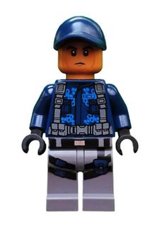 a lego man with a blue uniform and helmet on it's head, standing in front of a white background