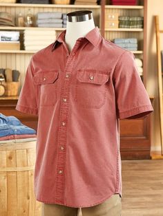 This Prewashed Solid Canvas Short-Sleeve Shirt May Seem Like a Softie, But It's Plenty Tough, Too Solid Cotton Camp Shirt With Relaxed Fit, Pre-washed Cotton Short Sleeve Tops, Cotton Short Sleeve Pre-washed Tops, Cotton Shirt With Rolled Sleeves For Casual Gatherings, Relaxed Fit Cotton Short Sleeve Shirt For Casual Gatherings, Relaxed Fit Cotton Short Sleeve Shirt With Rolled Sleeves, Outdoor Cotton Top, Cotton Camp Shirt With Rolled Sleeves And Relaxed Fit, Unstructured Washed Short Sleeve Tops