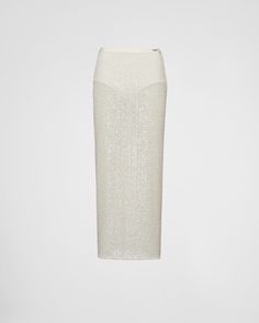 Ivory Stretch Sequin Skirt | PRADA Elegant White Skirt With Elastic Waistband, Luxury White Bottoms For Evening, Luxury White Bottoms For Evening Wear, Luxury White Skirt For Spring, Luxury Beige Bottoms For Spring, Cream Bottoms For Spring Evening, Luxury Party Pencil Skirt, Luxury Long Skirt For Evening, Luxury Formal Long Skirt