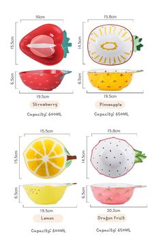 four different types of fruit and vegetable colanders on a white background with measurements