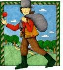 a drawing of a man with a backpack and an apple in his hand is shown