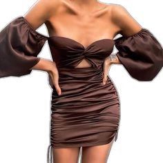 Off-shoulder Brown Mini Dress For Party, Brown Off-shoulder Mini Dress For Parties, Brown Off-shoulder Mini Dress For Date Night, Elegant Off-shoulder Brown Mini Dress, Brown Mini Dress For Spring Parties, Brown Bodycon Dress For Spring Evenings, Chic Brown Mini Dress For Brunch, Elegant Brown Mini Dress For Brunch, Brown Bodycon Dress For Date Night In Spring