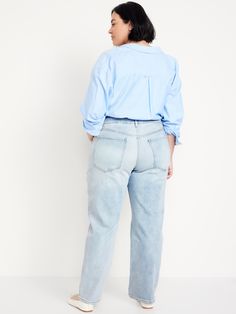 button front belt loops zip fly front scoop pockets back patch pockets sits at belly button loose thigh 30 1/2" regular inseam 28 1/2" petite inseam 34 1/2" tall inseam models are approx.  5'9" and wear sizes s (4), l (12), and xl (18)machine wash according to the care instruction label Loose Jeans, Back Patch, Petite Size, Belly Button, Recycled Cotton, Mom Jeans, Old Navy, Jeans Size, Women Jeans