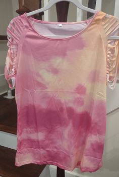 New And Never Worn Or Tried On. Pink And Yellow Tie Dye. Shredded Flutter Short Sleeves. Tag Says Large But This Is A Medium / Large Size Yellow Tie Dye, Yellow Tie, Yellow Ties, Tie Dye Shirt, Pink And Yellow, Tie Dyed, Pink Yellow, Large Size, Tie Dye