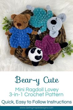 the beary cute crochet pattern is in three different colors