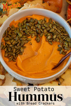 This Sweet Potato Hummus recipe is the perfect Thanksgiving appetizer. Serve with bread crackers made from a Martin’s Bread Loaf of choice. Sweet Potato Hummus Recipe, Potato Hummus, Sweet Potato Hummus, Thanksgiving Appetizer, So Much Food, Bread Crackers