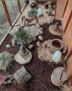 an outdoor area with rocks and plants in the middle, including succulents