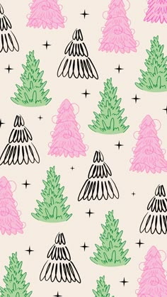 a pink and green christmas tree pattern on a white background