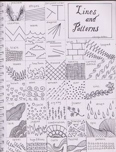 a notebook with some drawings on it and the words lines and patterns written in black ink