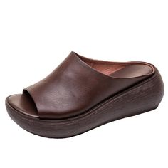 Casual Leather Wedge Sandals With Thick Bottom, Leather Wedge Sandals With Thick Bottom For Beach, Leather Platform Slippers With Wedge Heel, Leather Open Toe Wedge Sandals With Thick Bottom, Casual Brown Platform Slippers With Wedge Heel, Leather Wedge Sandals With Thick Bottom For Summer, Leather Wedge Sandals With Thick Bottom, Brown Open Toe Platform Slippers With Cushioned Footbed, Summer Closed Toe Platform Slippers With Leather Footbed