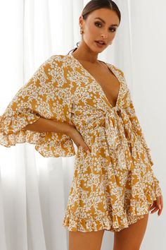 Athira Tied Bust Flared Sleeve Floral Stencil Print Romper Yellow by Selfie Leslie Stencil Print, Feminine Patterns, Tan Mules, Second Date, Floral Stencil, Selfie Leslie, Yellow Bridesmaids, Bodice Dress, Cute Rompers