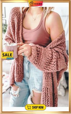 Crochet Knit Loose Cardigan Winter Open Front Open Knit Top, Winter Open Knit Open Front Top, Loose Knit Cardigan, Best Winter Outfits, Loose Cardigan, Color Block Cardigan, Hoodie Cardigan, Pocket Cardigan, Cozy Cardigan