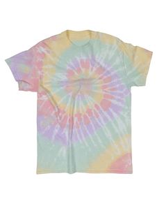 a tie - dyed t - shirt is shown in pastel colors and has a round design on the front