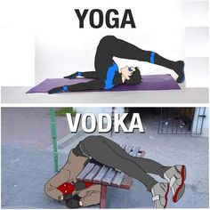 two pictures with the same person doing yoga on a bench and in front of a sign that says vodka