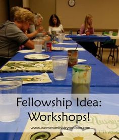 a group of people sitting around a table with plates and cups on it that says fellowship idea workshop