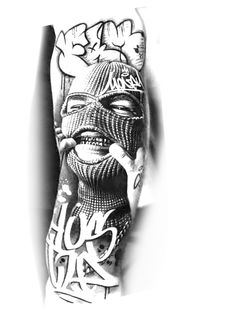 a black and white photo of a man's face with tattoos on his arm