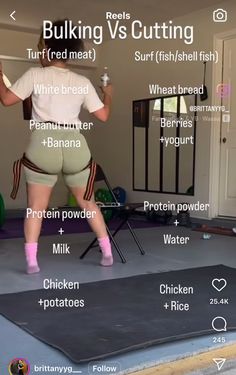 an image of a woman doing exercises on her cell phone with the words building vs cutting